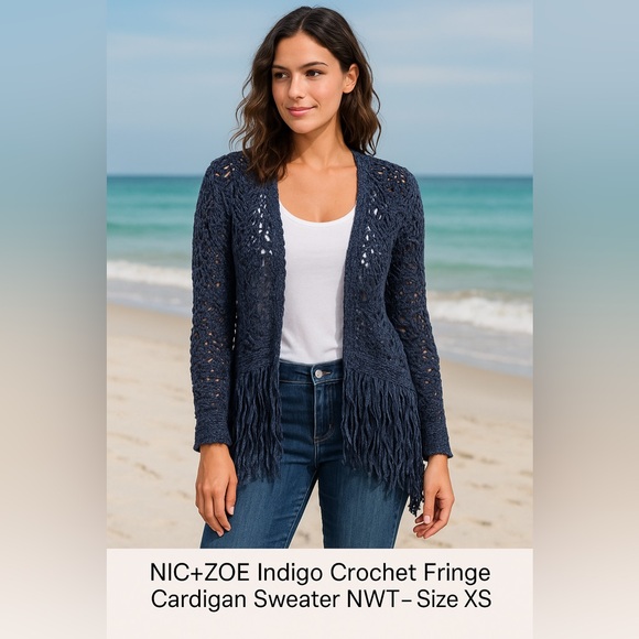 NIC+ZOE Indigo Crochet Fringe Cardigan Sweater NWT – Size XS - Picture 1 of 6